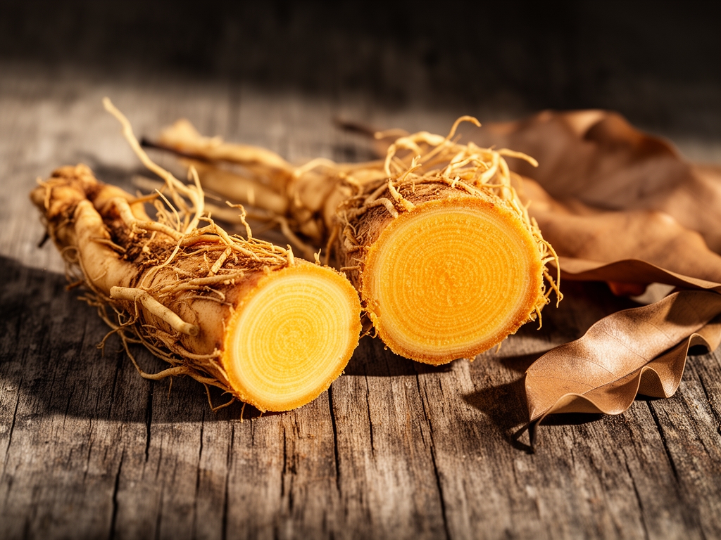 Radici di ashwagandha e ginseng tagliate trasversalmente su superficie in legno rustico, con luce naturale laterale che ne evidenzia la texture fibrosa e il colore ocra, accanto a foglie secche