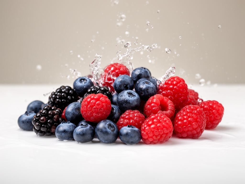 Frutti di bosco assortiti — mirtilli, more e lamponi — versati su una superficie bianca con acqua che spruzza intorno, dettaglio macro con sfondo neutro e illuminazione frontale diffusa