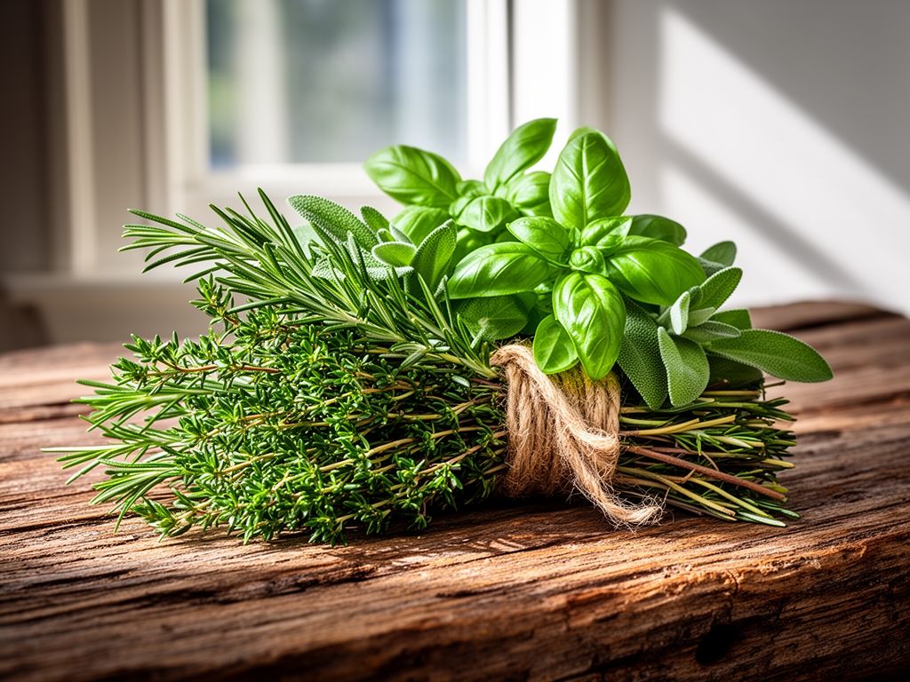 Bouquet di erbe aromatiche fresche — rosmarino, timo, salvia e basilico — legato con spago di iuta, appoggiato su tavola di legno grezzo, con una finestra sullo sfondo che proietta luce naturale obliqua