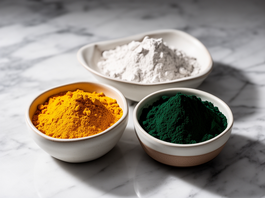 Disposizione artistica di minerali naturali in polvere — curcuma gialla, spirulina verde scuro, argilla bianca — in piccole ciotole di ceramica su tavola di marmo, con luce morbida e ombre dettagliate