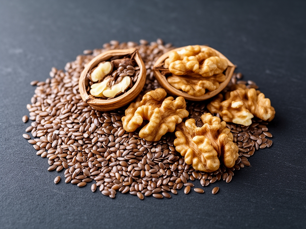 Semi di lino e noci disposti artisticamente su sfondo di ardesia scura, alcuni aperti per mostrare l'interno, con olio che cola lentamente accanto, illuminazione drammatica con ombre profonde