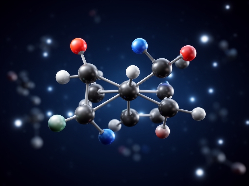 Struttura molecolare stilizzata visualizzata come sfere collegate da linee su sfondo scuro blu notte, con luci puntiformi sullo sfondo che evocano un laboratorio di ricerca scientifica, senza testo o riferimenti medici espliciti